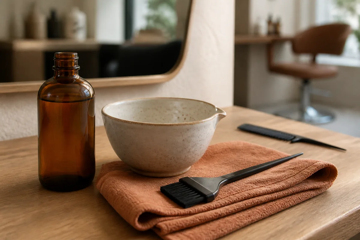 Flacon de soin gainant et pinceau d application posés sur le plan de travail d un salon de coiffure