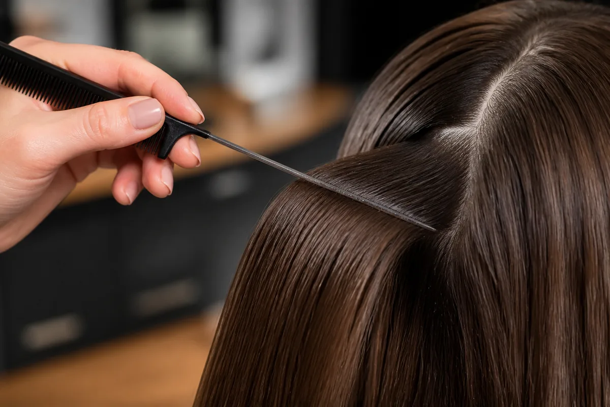 Détail d une longue mèche de cheveux travaillée au peigne fin dans un salon