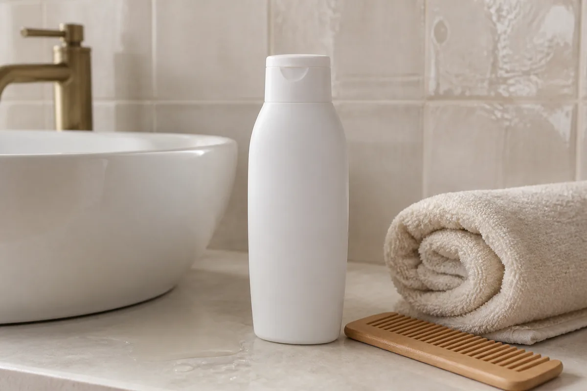 Flacon de shampooing sans sulfate et serviette posés au bord d une vasque de salle de bain