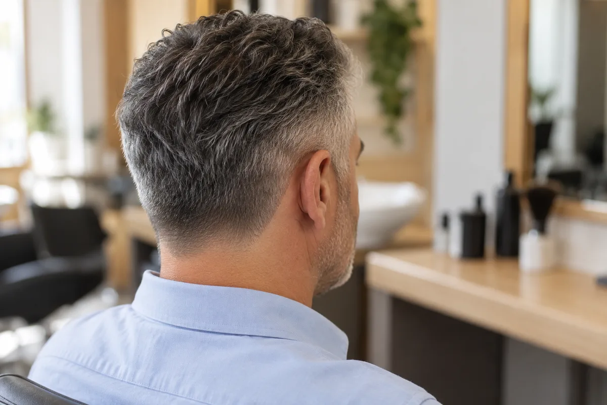 Homme aux tempes grises vu de trois quarts arrière dans un salon de coiffure