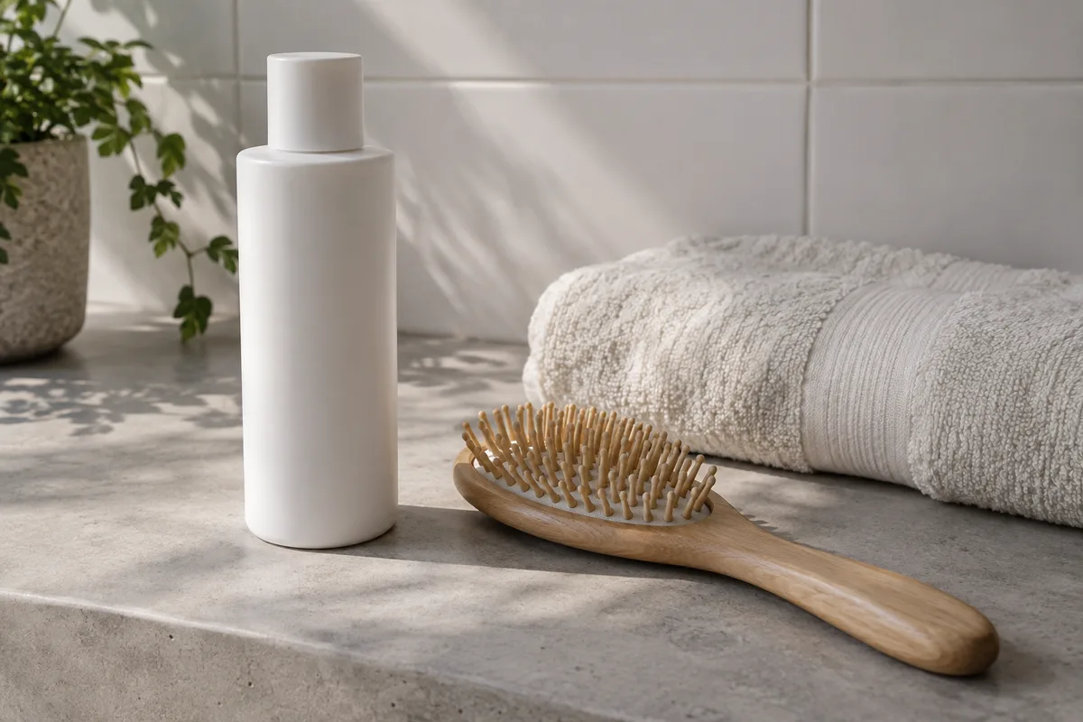 Flacon de shampooing blanc uni et brosse en bois posés sur une tablette de salle de bain