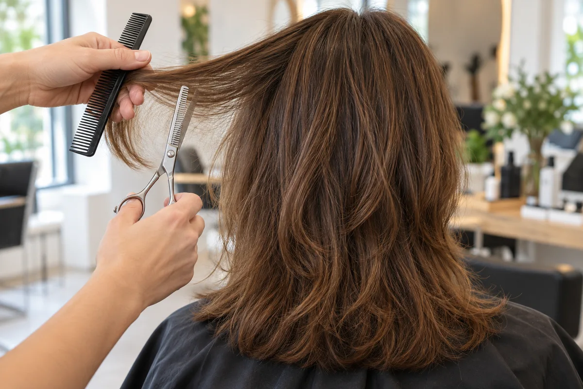 Mains d&rsquo;un coiffeur tenant un ciseau à effiler dans une section de cheveux bruns épais soulevée au peigne, vue de dos, lumière de salon douce