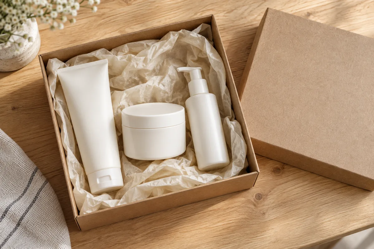 Boîte cadeau en carton kraft ouverte sur une table en bois clair, trois flacons de soin capillaire neutres et sans étiquette posés dans un calage en papier