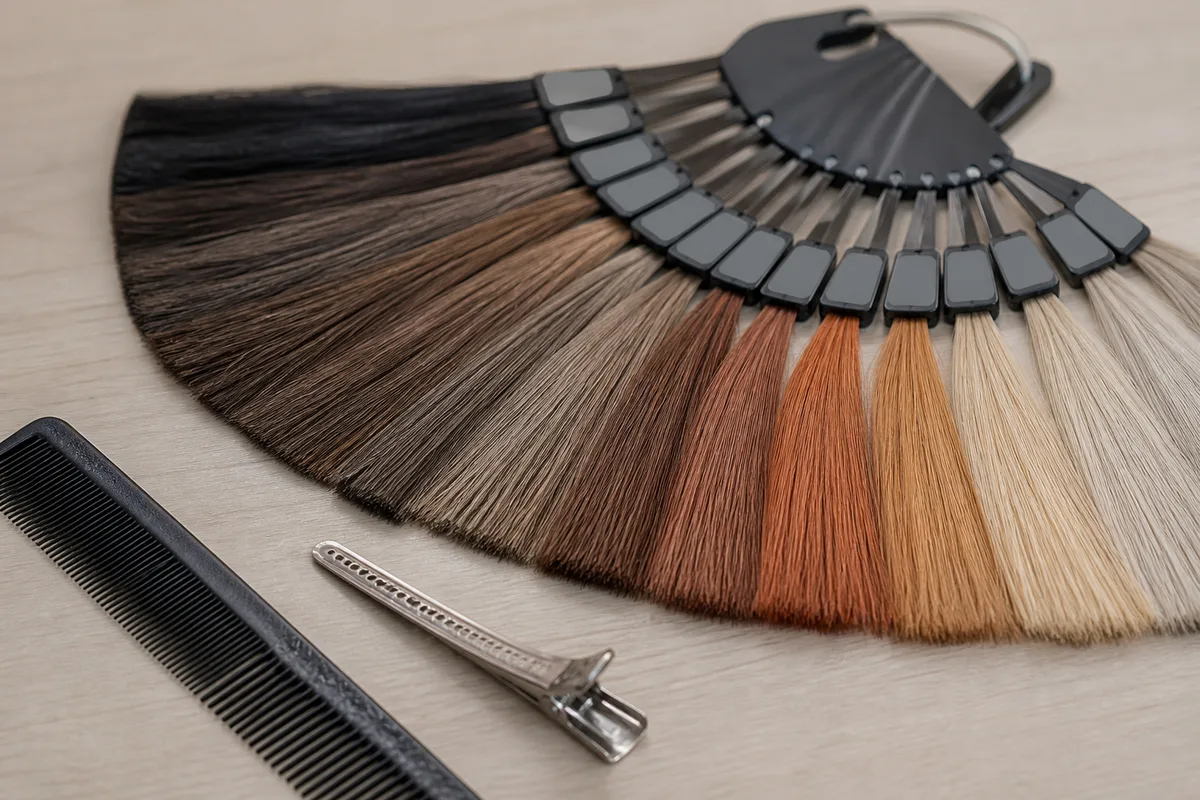 Nuancier professionnel de mèches de cheveux déployé en éventail sur un plan de travail de salon