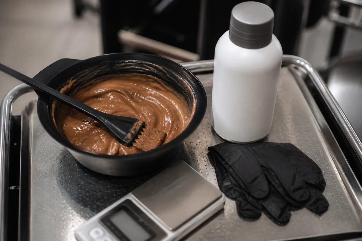 Bol de coloration et pinceau d&rsquo;application posés près d&rsquo;un flacon d&rsquo;oxydant sur une desserte de salon