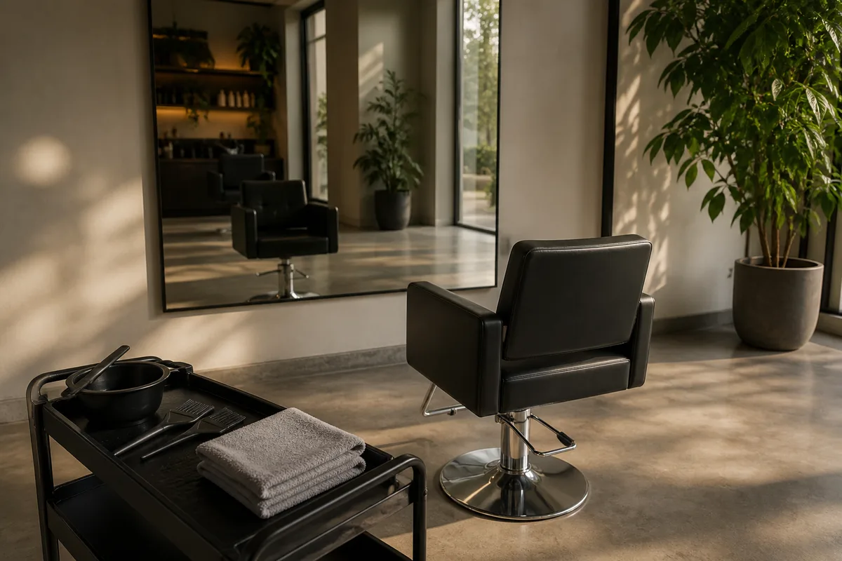 Fauteuil de salon de coiffure vide devant un miroir, plateau d&rsquo;outils de coloration au premier plan