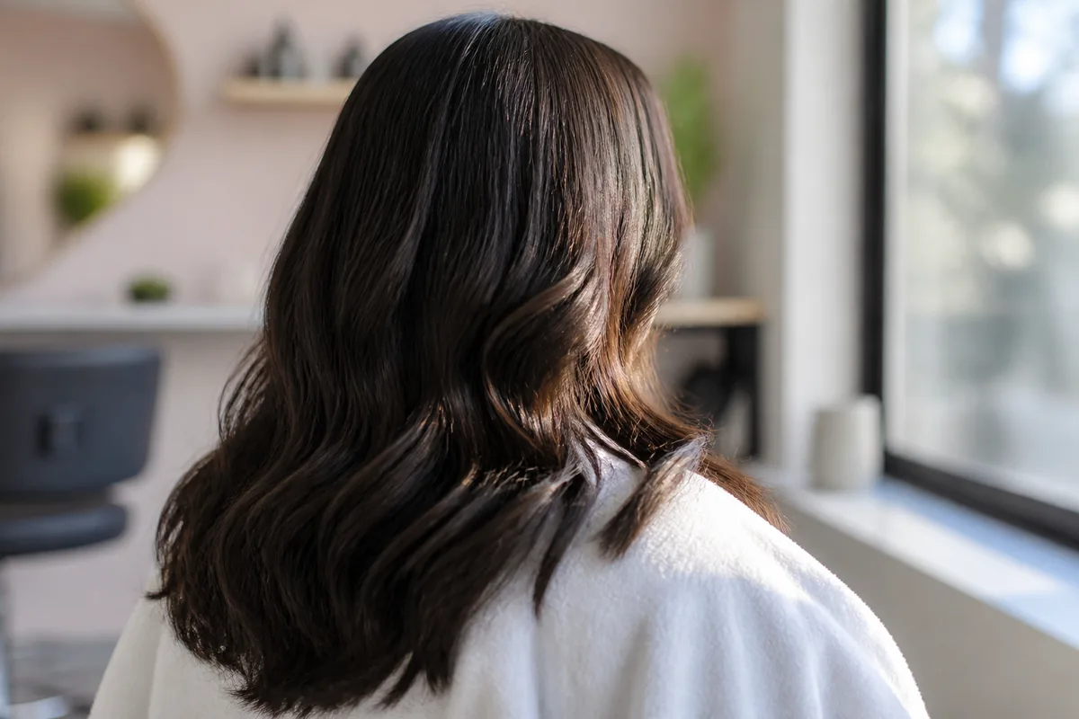 Cheveux longs bruns brillants photographiés de dos près d’une fenêtre lumineuse