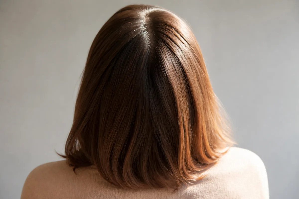Chevelure brune vue de dos, lumière rasante révélant les racines et la raie