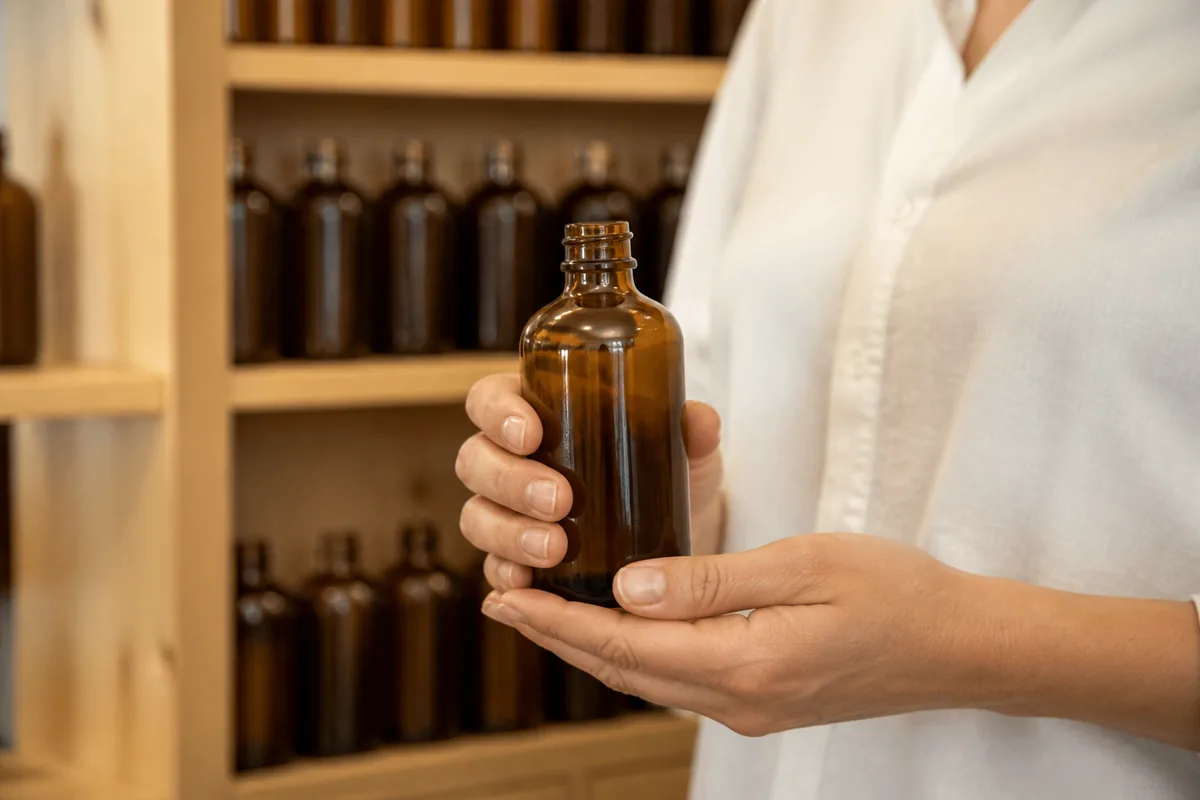 Mains tenant un flacon de verre ambré devant des étagères de boutique en bois clair