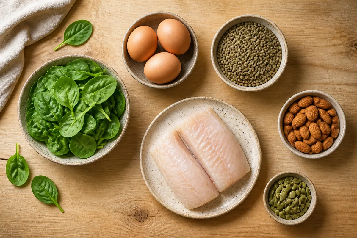 Table en bois clair présentant œufs, lentilles, poisson, amandes et graines de courge