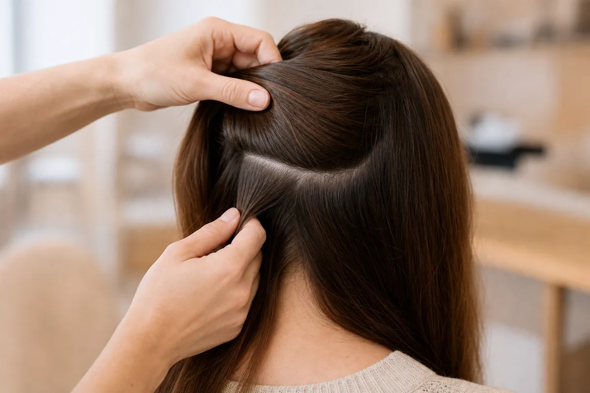 Mains d’une coiffeuse séparant une mèche de cheveux pour observer les racines dans la lumière d’une fenêtre
