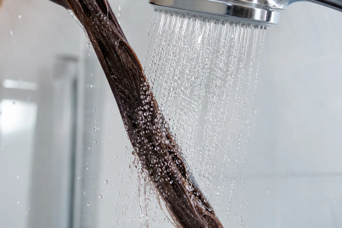 Jet de douche coulant sur une longue mèche de cheveux bruns dans une salle de bain claire