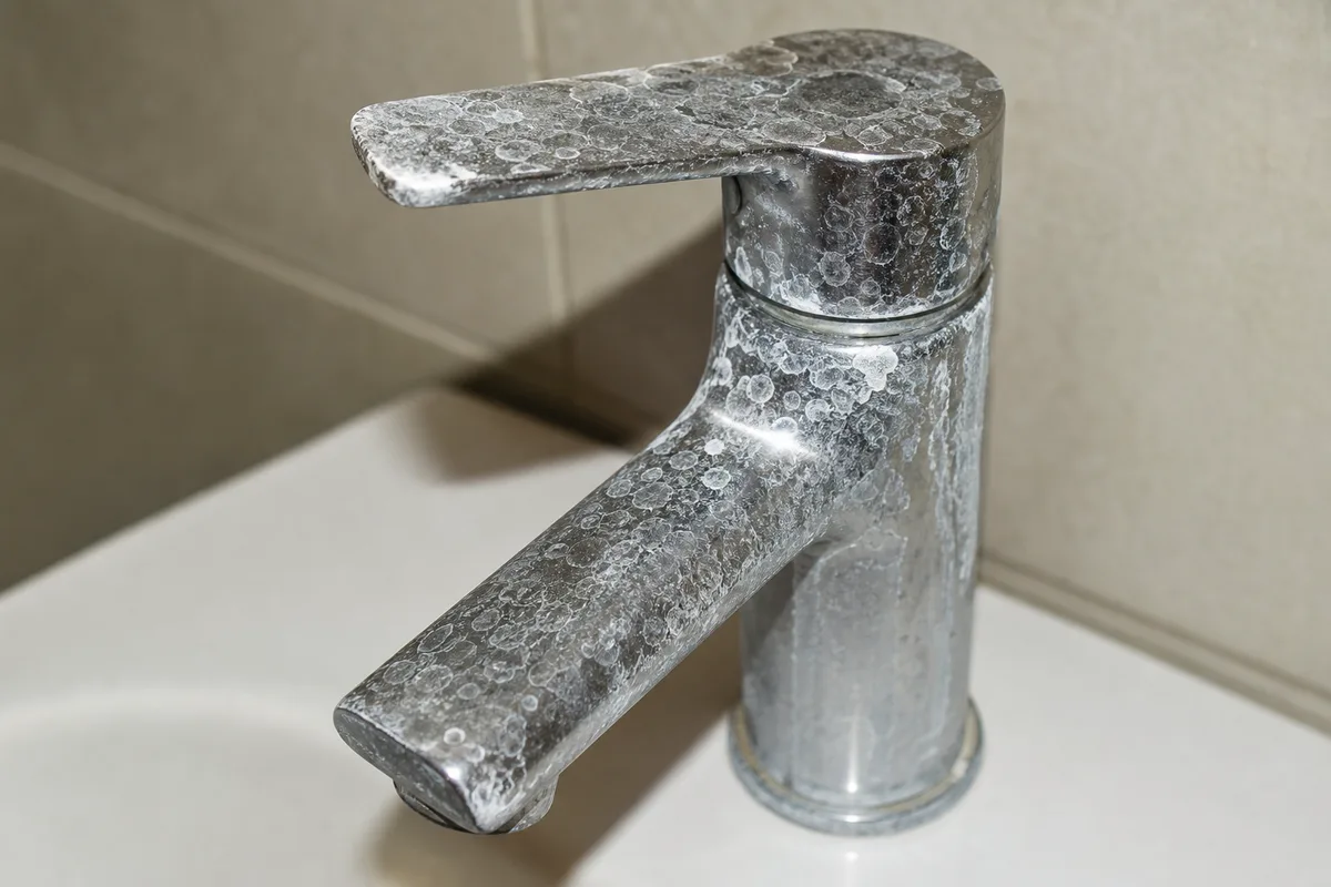 Robinetterie chromée d&rsquo;une salle de bain portant des traces blanches de tartre