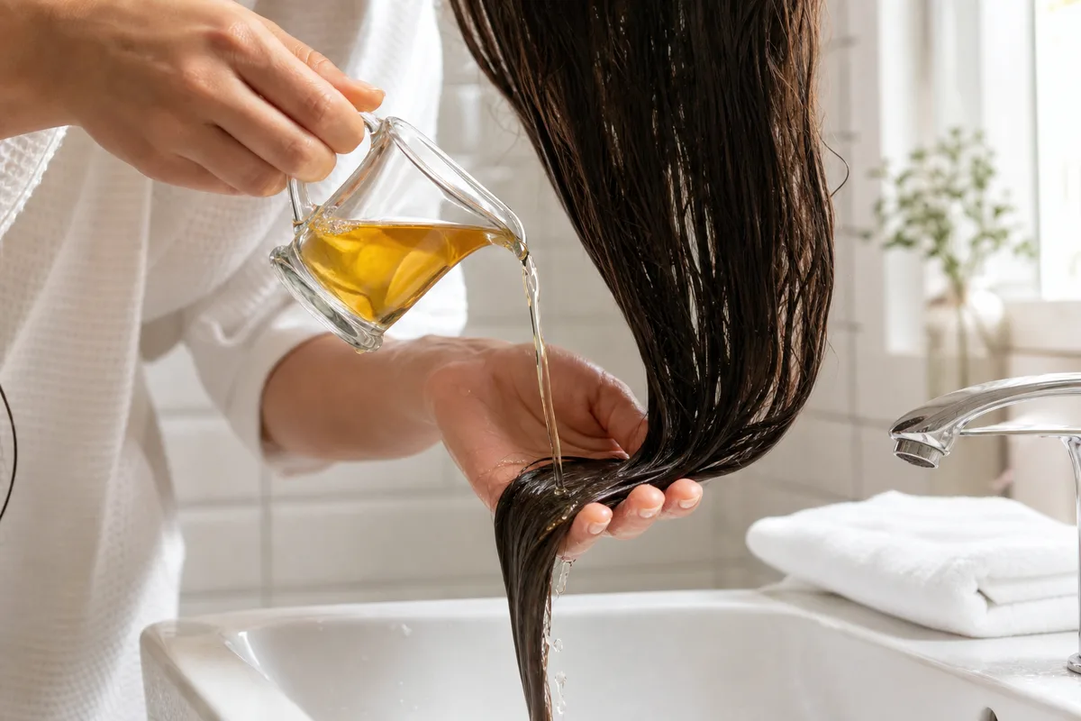 Mains versant un rinçage au vinaigre de cidre depuis un pichet en verre sur des cheveux mouillés