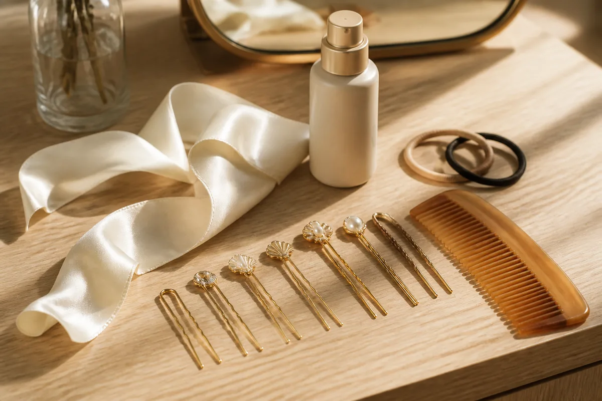 Épingles à chignon et peigne posés sur une coiffeuse en bois clair d&rsquo;un salon de coiffure