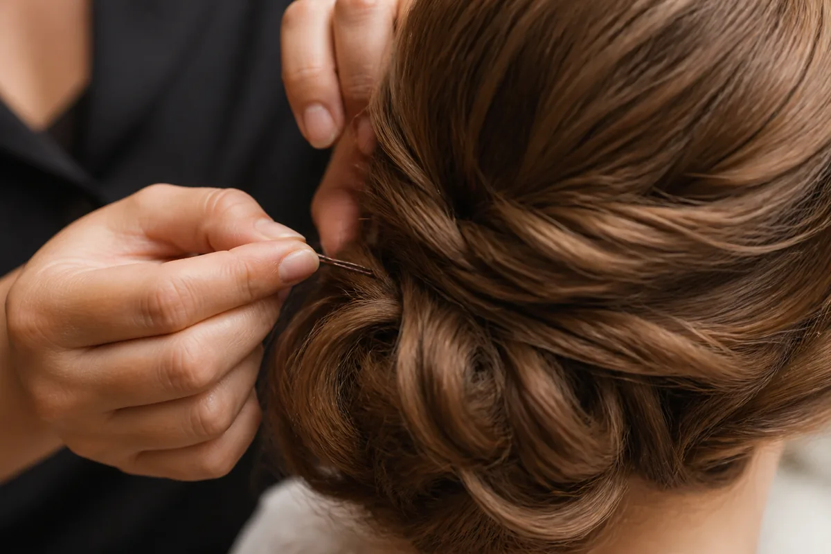 Mains d&rsquo;une coiffeuse fixant une épingle dans un chignon bas travaillé en lumière douce