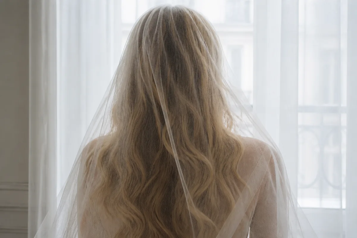 Longue chevelure ondulée vue de dos avec un voile de tulle transparent posé sur les épaules