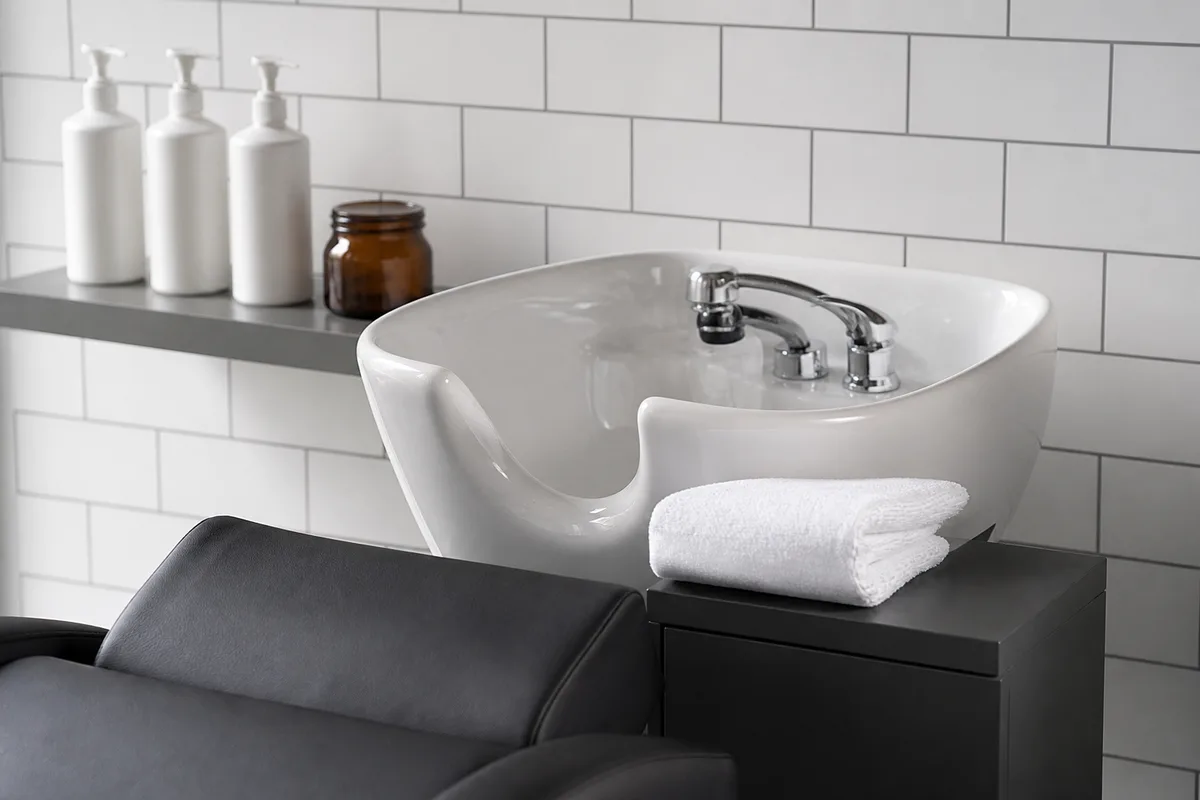 Bac de lavage de salon de coiffure vu de trois quarts, serviette pliée et flacons alignés sur la tablette