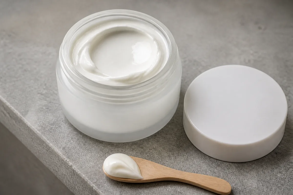 Pot de masque capillaire ouvert révélant une crème blanche épaisse et lisse, spatule en bois posée à côté