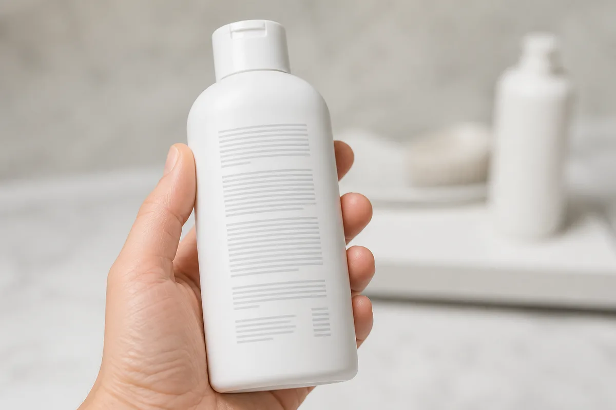 Dos d&rsquo;un flacon de shampoing tenu à la main, liste d&rsquo;ingrédients réduite à des lignes illisibles