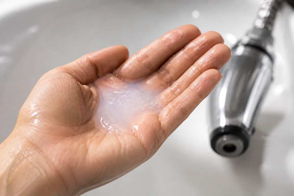 Main en coupe contenant une noisette de shampoing allongée d&rsquo;eau au-dessus d&rsquo;un bac de salon