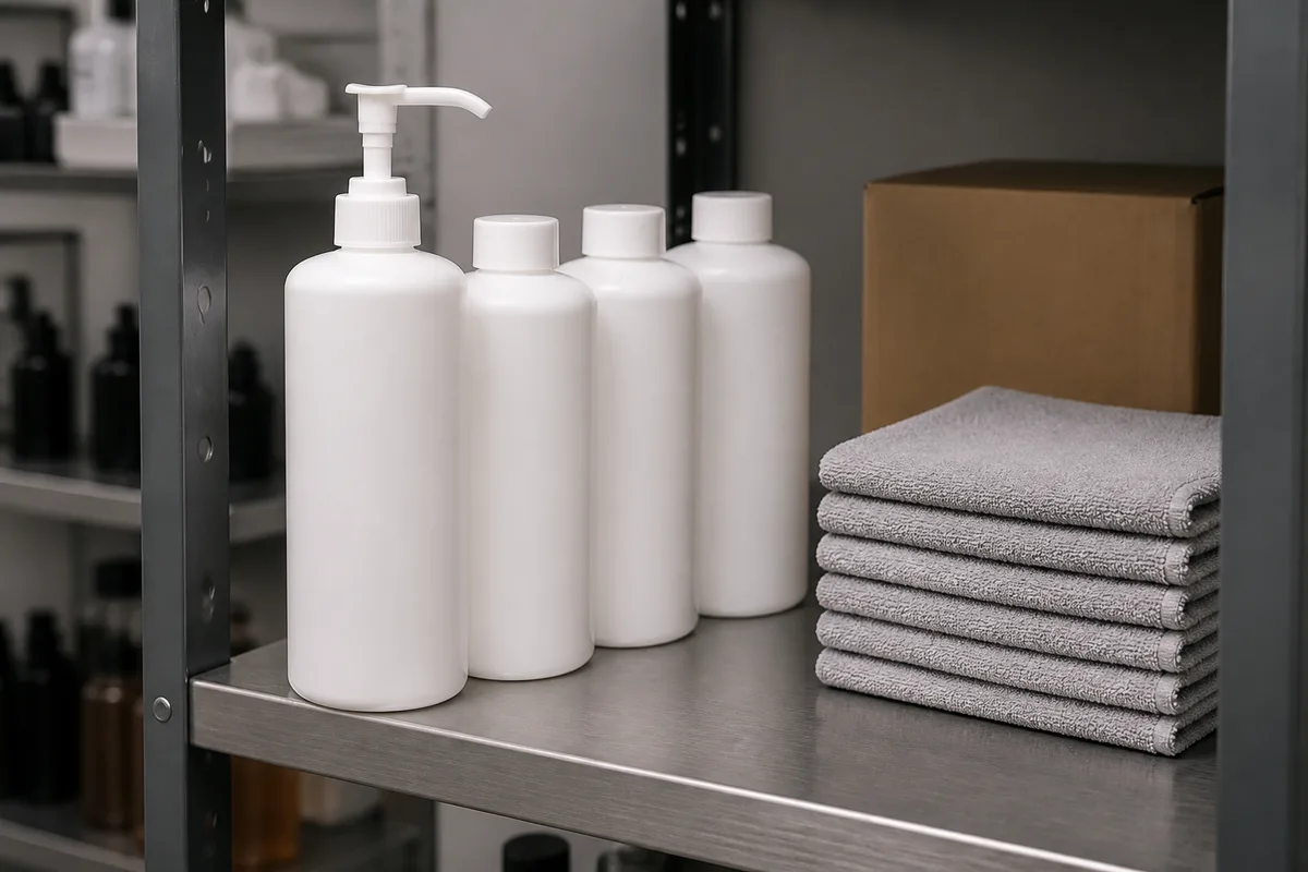 Bidons d&rsquo;un litre alignés sur une étagère de réserve de salon, pompe doseuse vissée sur l&rsquo;un d&rsquo;eux