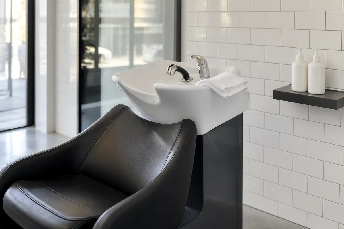Poste de lavage de salon vu de trois quarts, robinetterie chromée et serviettes pliées sur le rebord