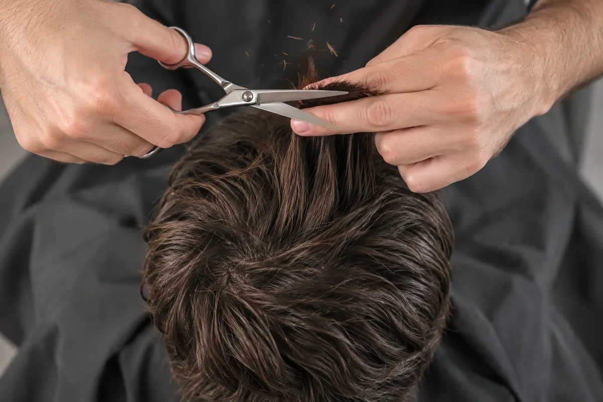 Mains de coiffeur travaillant une frange texturée aux ciseaux, vue de dessus